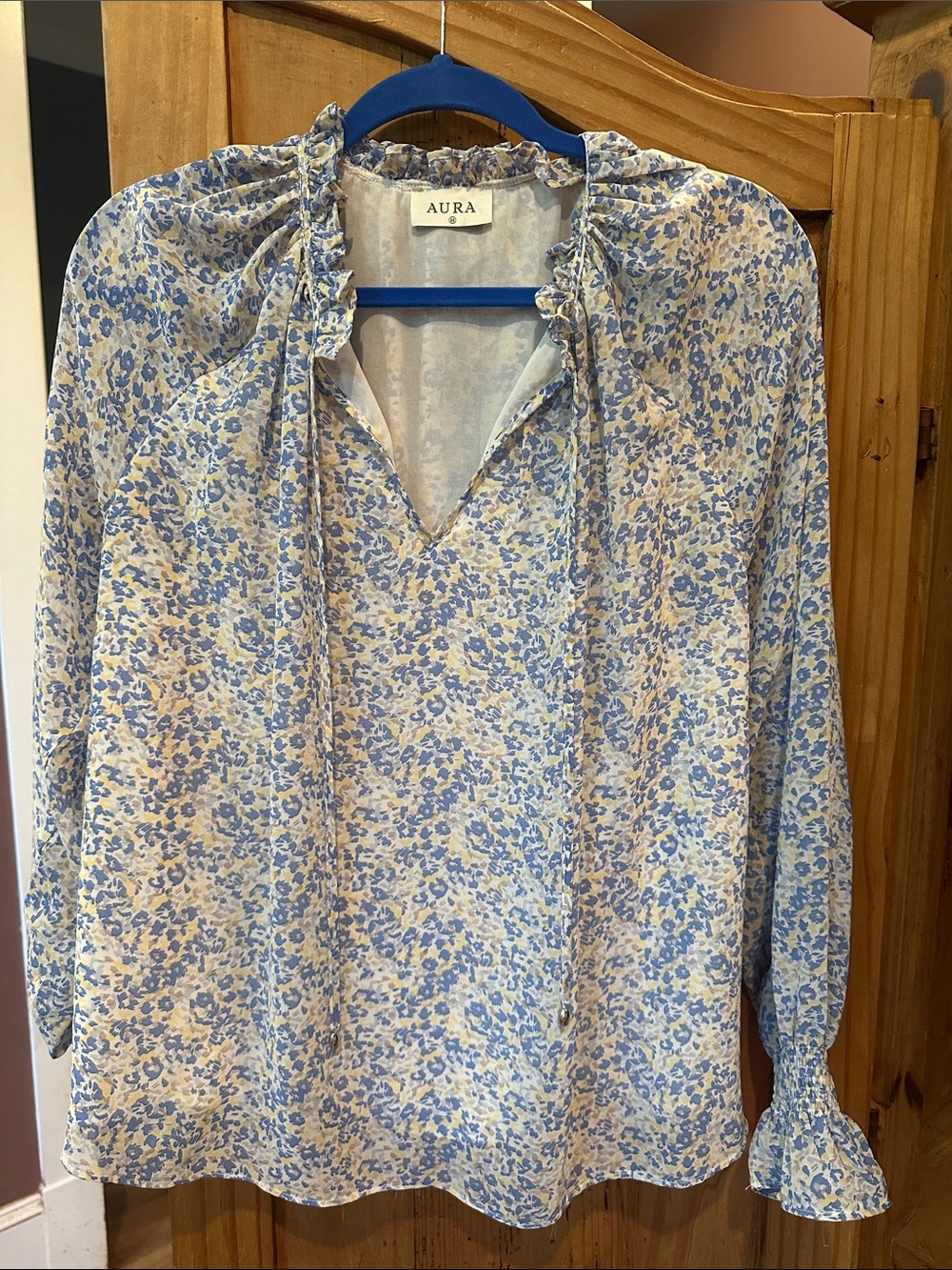Aura Light Blue Floral Ruffle-Trim V-Neck Blouse